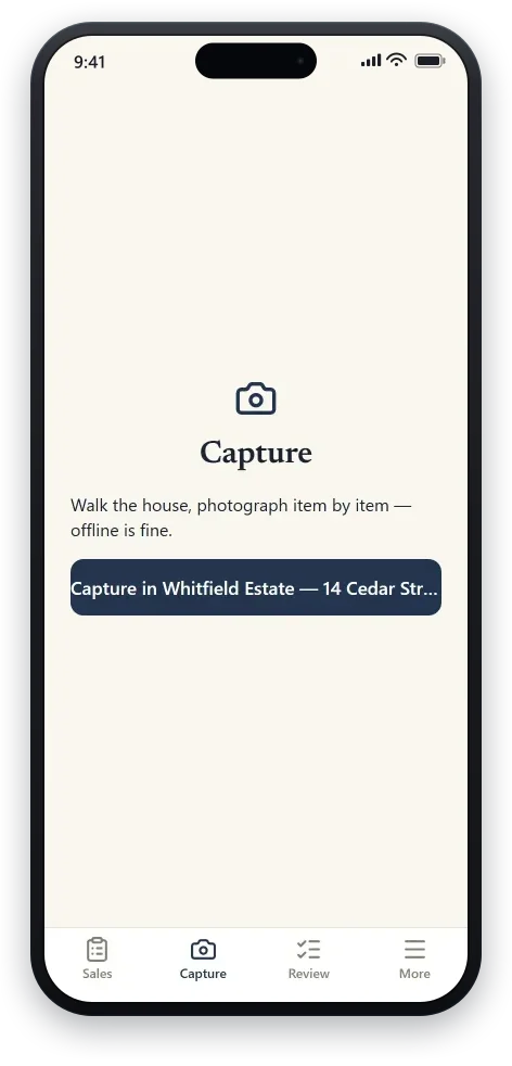 The TagLot Capture screen: “Walk the house, photograph item by item — offline is fine,” with a button to start capturing the open sale.
