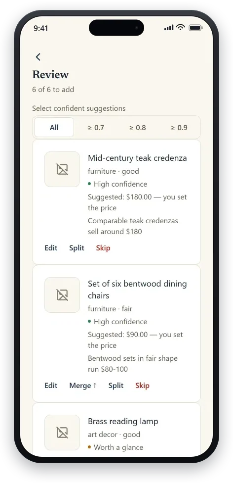 The TagLot Review screen: AI-drafted item cards — title, category, condition, a confidence label, and a suggested price with its reasoning — each waiting to be accepted.