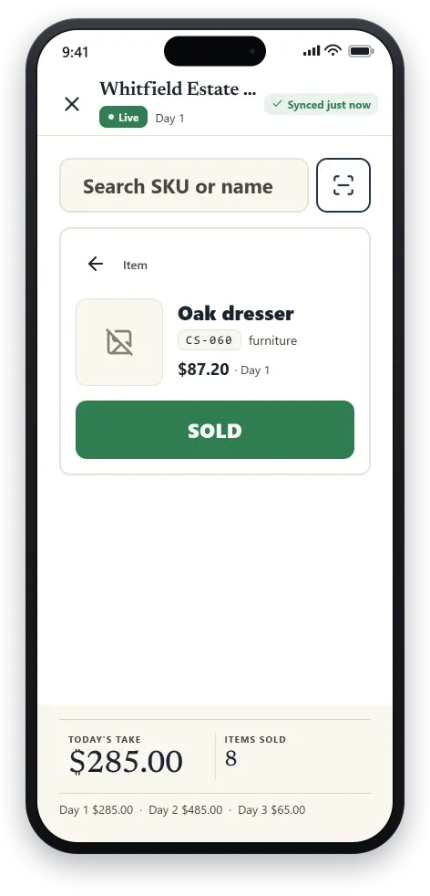 The TagLot Sale-Day screen: a live sale with a search bar, an item pulled up at today’s price with a big “Sold” button, and a running “today’s take / items sold” total along the bottom.