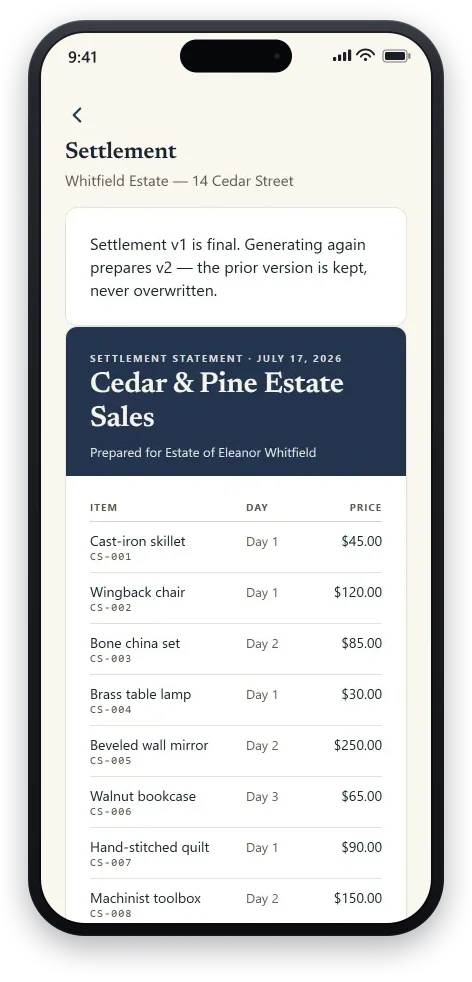 The TagLot consignor settlement statement: a serif masthead over an itemized table of sold items by day and price, totalling to the net proceeds.