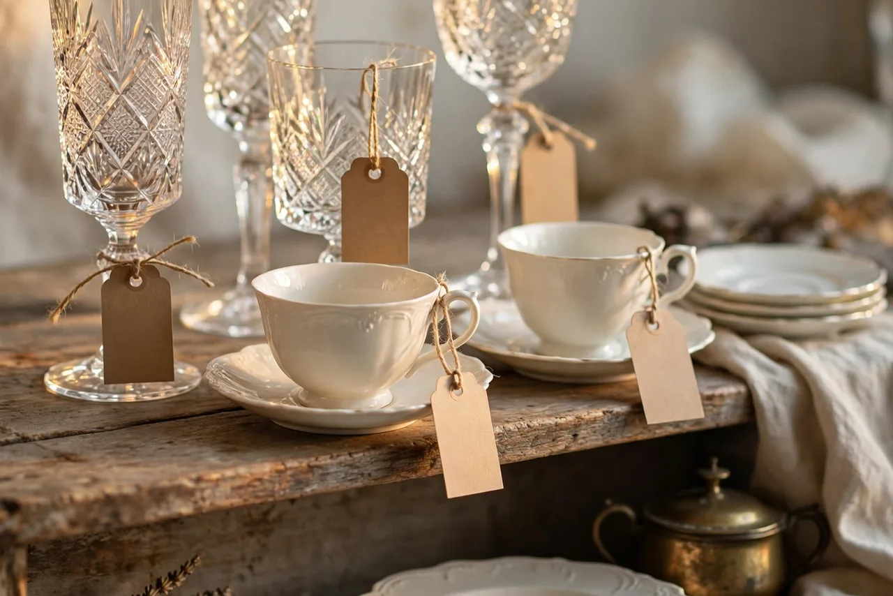 Cut-crystal stemware, teacups, and stacked china plates with kraft tags arranged on weathered wooden shelves.