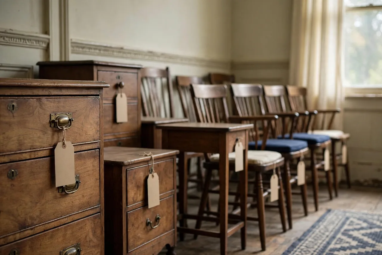 Wooden dressers and chairs lined up in rows along a bright room, each piece carrying a blank kraft price tag.