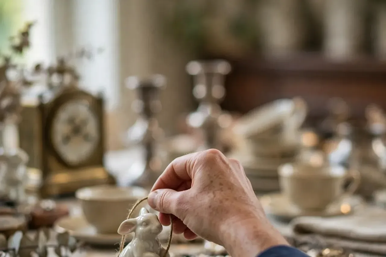 A hand ties a kraft price tag onto a small porcelain figurine on a table crowded with silver candlesticks, china teacups, and a gilt mantel clock.