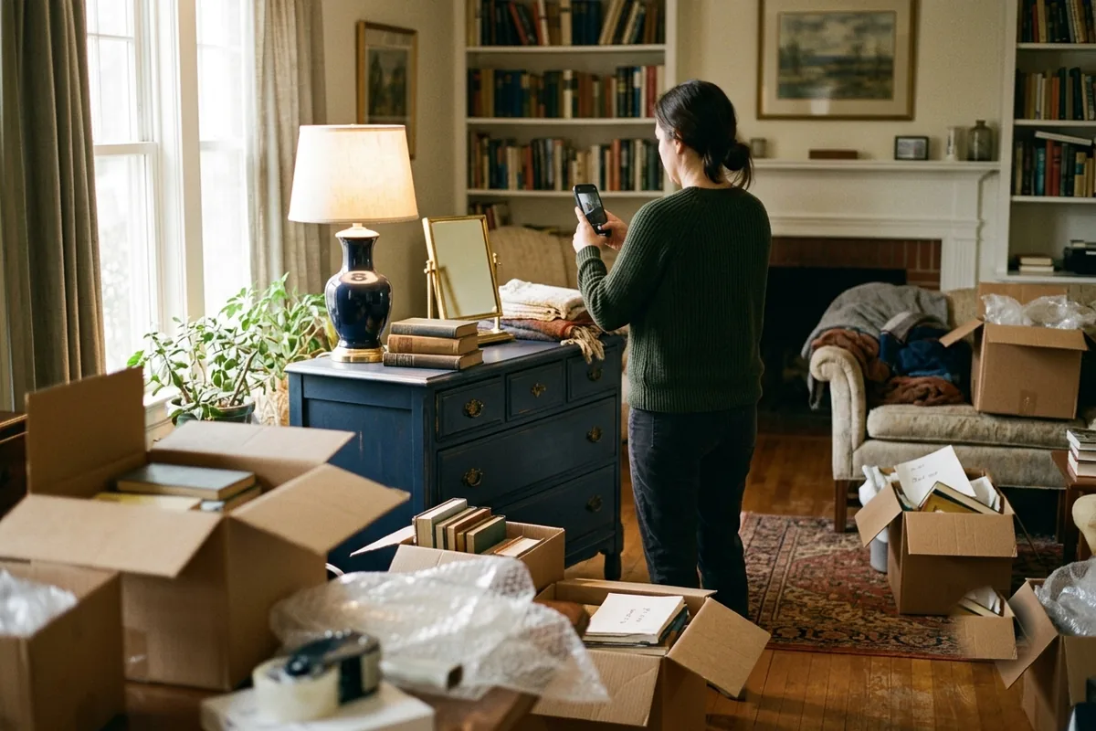 A person in a living room full of moving boxes, photographing a dresser and lamp with a phone.