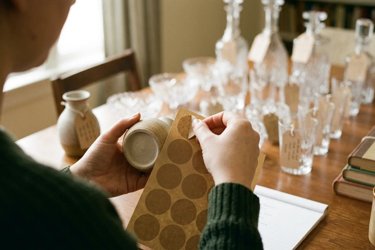 Hands sticking a blank kraft dot label onto a ceramic cup among tagged crystal.