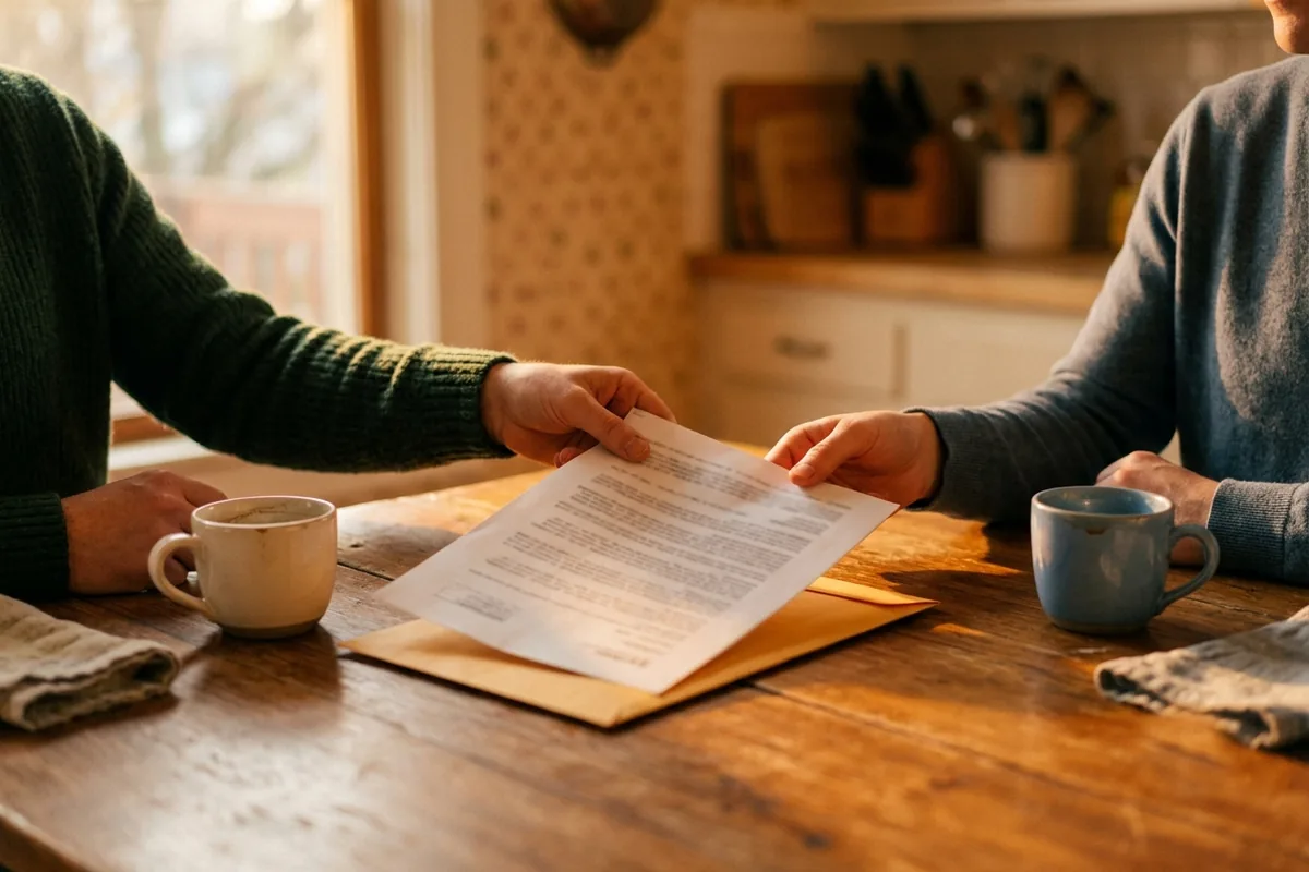 Two people at a kitchen table sliding a printed settlement page across over coffee.